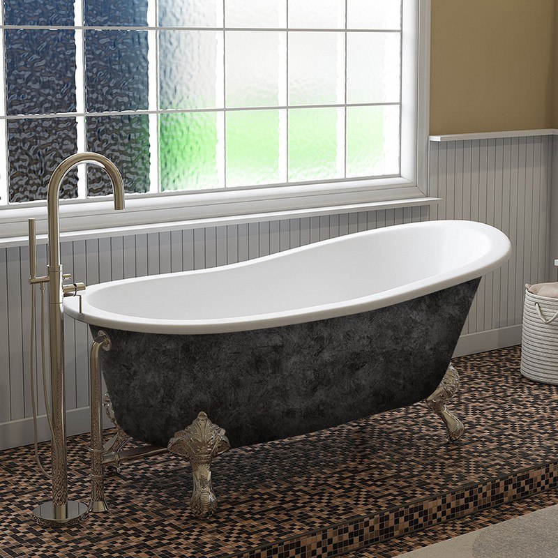 CAMBRIDGE PLUMBING ST67-H-SP SCORCHED PLATINUM 67 INCH X 30 INCH CAST IRON SLIPPER BATHTUB WITH INCH NO FAUCET HOLES AND POLISHED CHROME BALL AND CLAW FEET