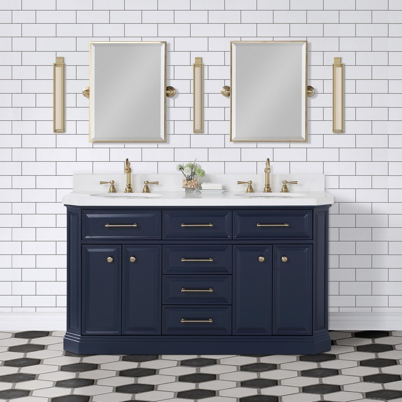 WATER-CREATION PA60QZ06MB-E18000000 PALACE 60 INCH DOUBLE SINK WHITE QUARTZ COUNTERTOP VANITY IN MONARCH BLUE AND MIRRORS