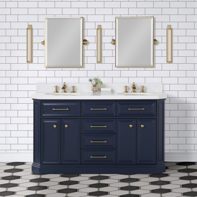 WATER-CREATION PA60QZ06MB-000FX1306 PALACE 60 INCH DOUBLE SINK WHITE QUARTZ COUNTERTOP VANITY IN MONARCH BLUE WITH WATERFALL FAUCETS