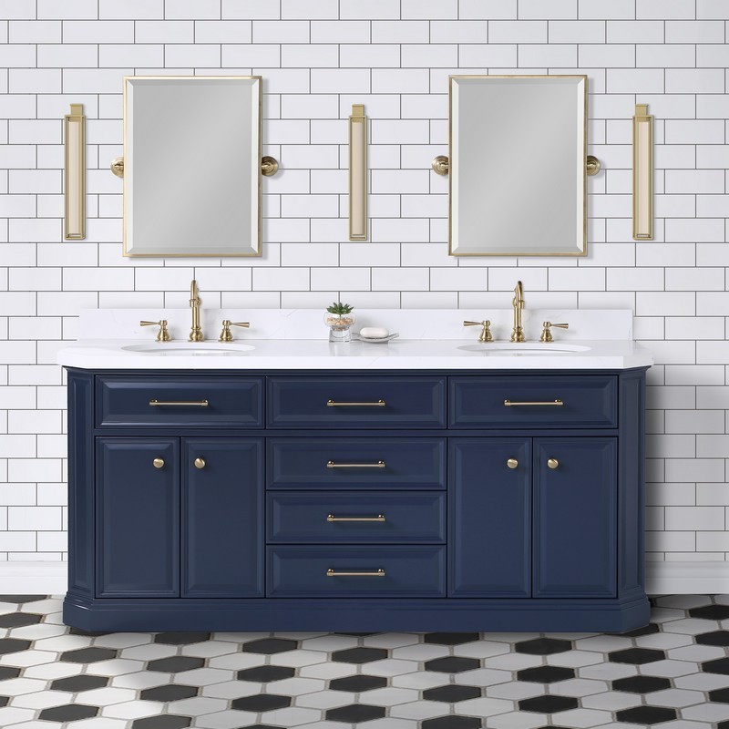 WATER-CREATION PA72QZ06MB-E18000000 PALACE 72 INCH DOUBLE SINK WHITE QUARTZ COUNTERTOP VANITY IN MONARCH BLUE AND MIRRORS