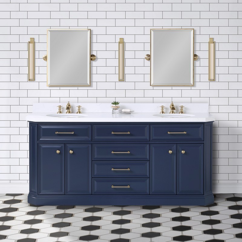 WATER-CREATION PA72QZ06MB-000FX1306 PALACE 72 INCH DOUBLE SINK WHITE QUARTZ COUNTERTOP VANITY IN MONARCH BLUE WITH WATERFALL FAUCETS