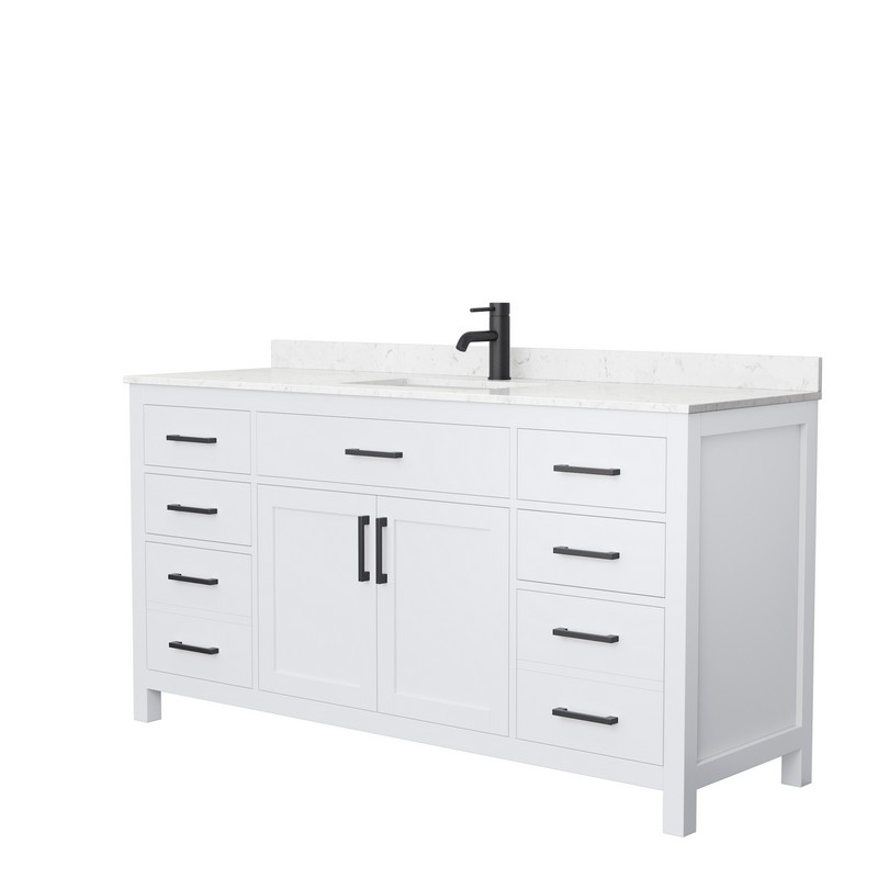 WYNDHAM COLLECTION WCG242466SWBCCUNSMXX BECKETT 66 INCH SINGLE BATHROOM VANITY IN WHITE WITH CARRARA CULTURED MARBLE COUNTERTOP, UNDERMOUNT SQUARE SINK AND MATTE BLACK TRIM