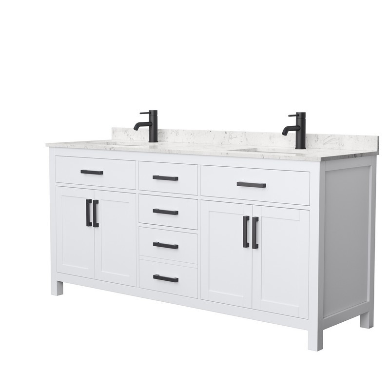 WYNDHAM COLLECTION WCG242472DWBCCUNSMXX BECKETT 72 INCH DOUBLE BATHROOM VANITY IN WHITE WITH CARRARA CULTURED MARBLE COUNTERTOP, UNDERMOUNT SQUARE SINKS AND MATTE BLACK TRIM