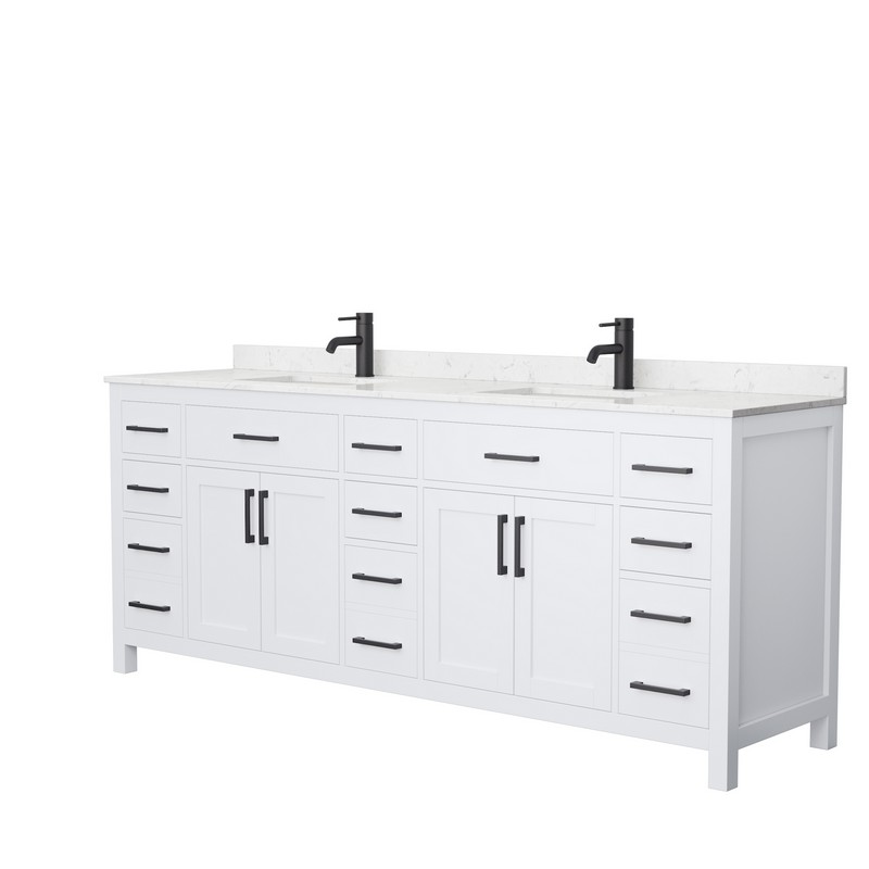 WYNDHAM COLLECTION WCG242484DWBCCUNSMXX BECKETT 84 INCH DOUBLE BATHROOM VANITY IN WHITE WITH CARRARA CULTURED MARBLE COUNTERTOP, UNDERMOUNT SQUARE SINKS AND MATTE BLACK TRIM