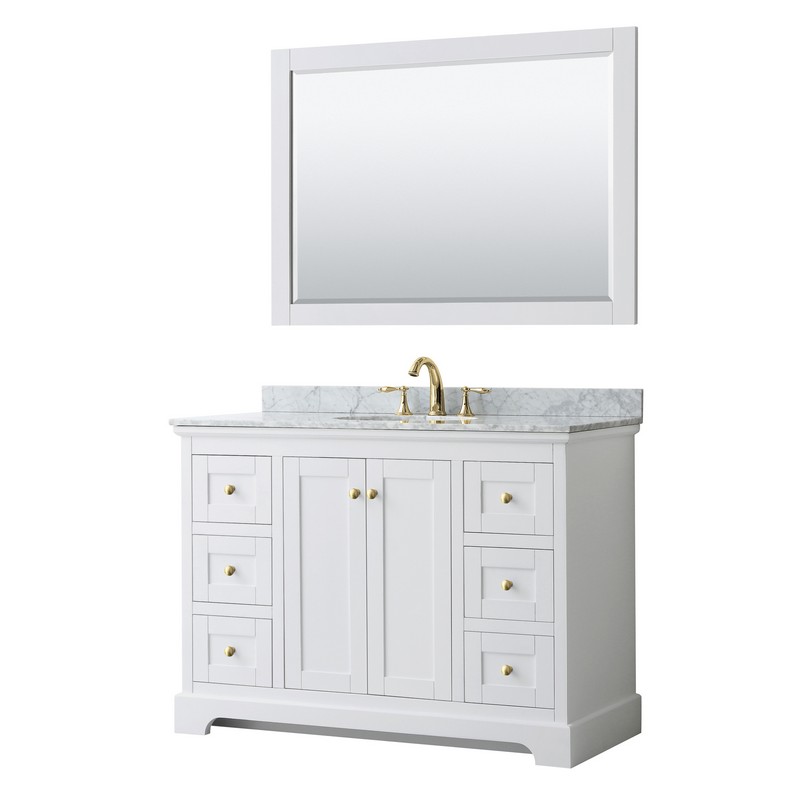 WYNDHAM COLLECTION WCV232348SWGCMUNOM46 AVERY 48 INCH SINGLE BATHROOM VANITY IN WHITE WITH WHITE CARRARA MARBLE COUNTERTOP, UNDERMOUNT OVAL SINK, 46 INCH MIRROR AND BRUSHED GOLD TRIM