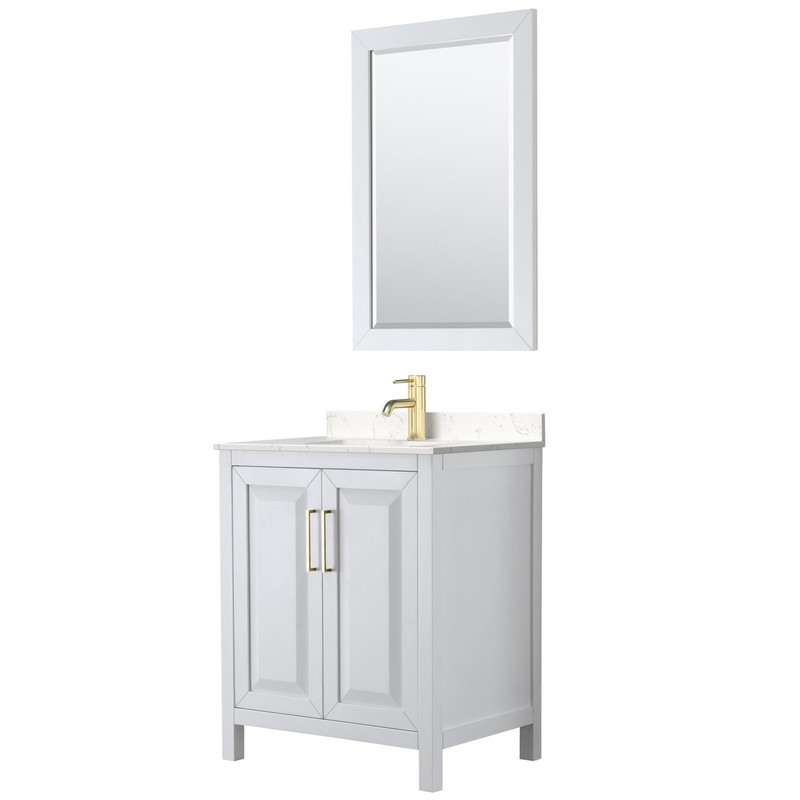 WYNDHAM COLLECTION WCV252530SWGC2UNSM24 DARIA 30 INCH SINGLE BATHROOM VANITY IN WHITE WITH LIGHT-VEIN CARRARA CULTURED MARBLE COUNTERTOP, UNDERMOUNT SQUARE SINK, 24 INCH MIRROR AND BRUSHED GOLD TRIM