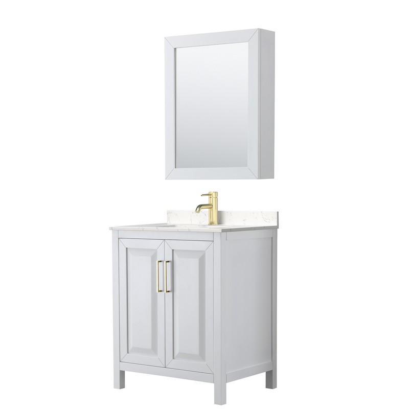 WYNDHAM COLLECTION WCV252530SWGC2UNSMED DARIA 30 INCH SINGLE BATHROOM VANITY IN WHITE WITH LIGHT-VEIN CARRARA CULTURED MARBLE COUNTERTOP, UNDERMOUNT SQUARE SINK, MEDICINE CABINET AND BRUSHED GOLD TRIM