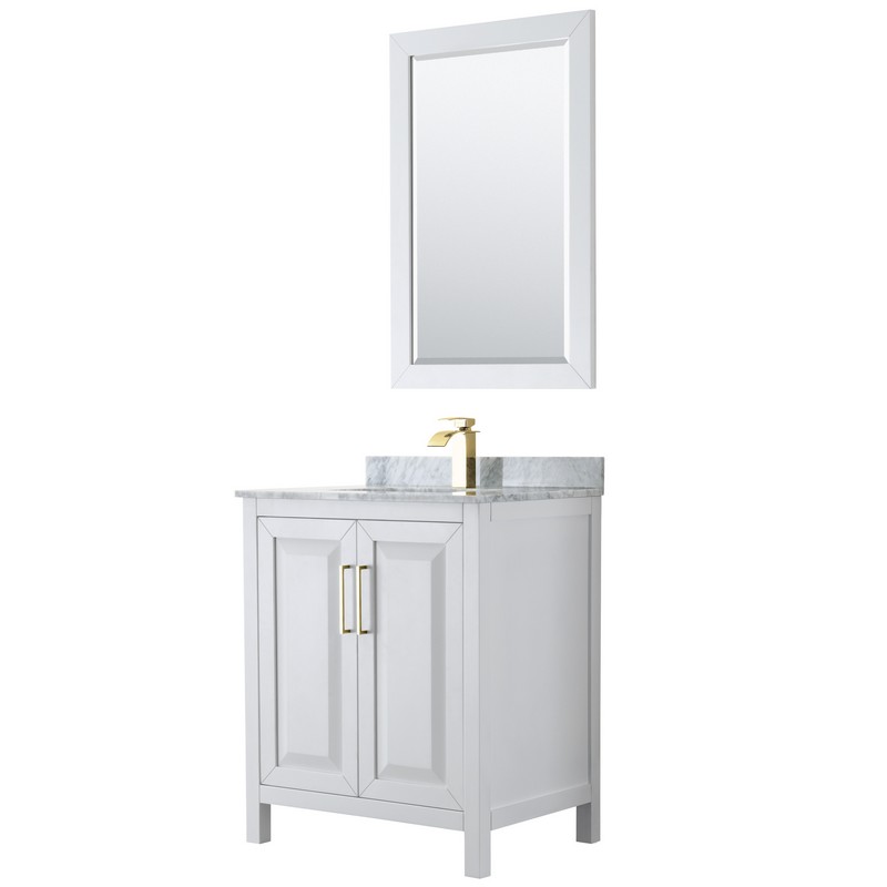 WYNDHAM COLLECTION WCV252530SWGCMUNSM24 DARIA 30 INCH SINGLE BATHROOM VANITY IN WHITE WITH WHITE CARRARA MARBLE COUNTERTOP, UNDERMOUNT SQUARE SINK, 24 INCH MIRROR AND BRUSHED GOLD TRIM