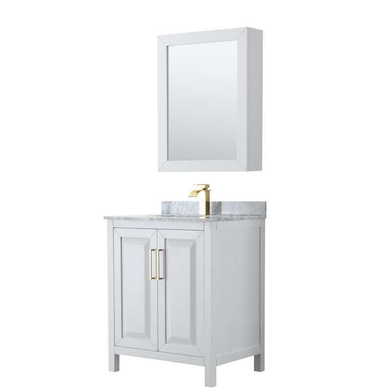 WYNDHAM COLLECTION WCV252530SWGCMUNSMED DARIA 30 INCH SINGLE BATHROOM VANITY IN WHITE WITH WHITE CARRARA MARBLE COUNTERTOP, UNDERMOUNT SQUARE SINK, MEDICINE CABINET AND BRUSHED GOLD TRIM