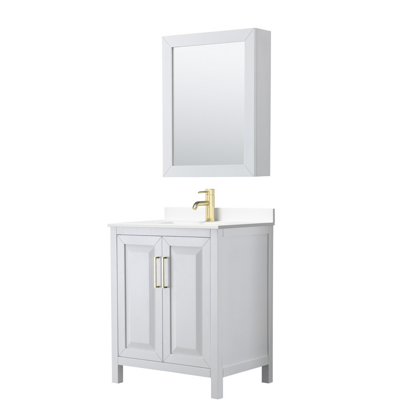 WYNDHAM COLLECTION WCV252530SWGWCUNSMED DARIA 30 INCH SINGLE BATHROOM VANITY IN WHITE WITH WHITE CULTURED MARBLE COUNTERTOP, UNDERMOUNT SQUARE SINK, MEDICINE CABINET AND BRUSHED GOLD TRIM