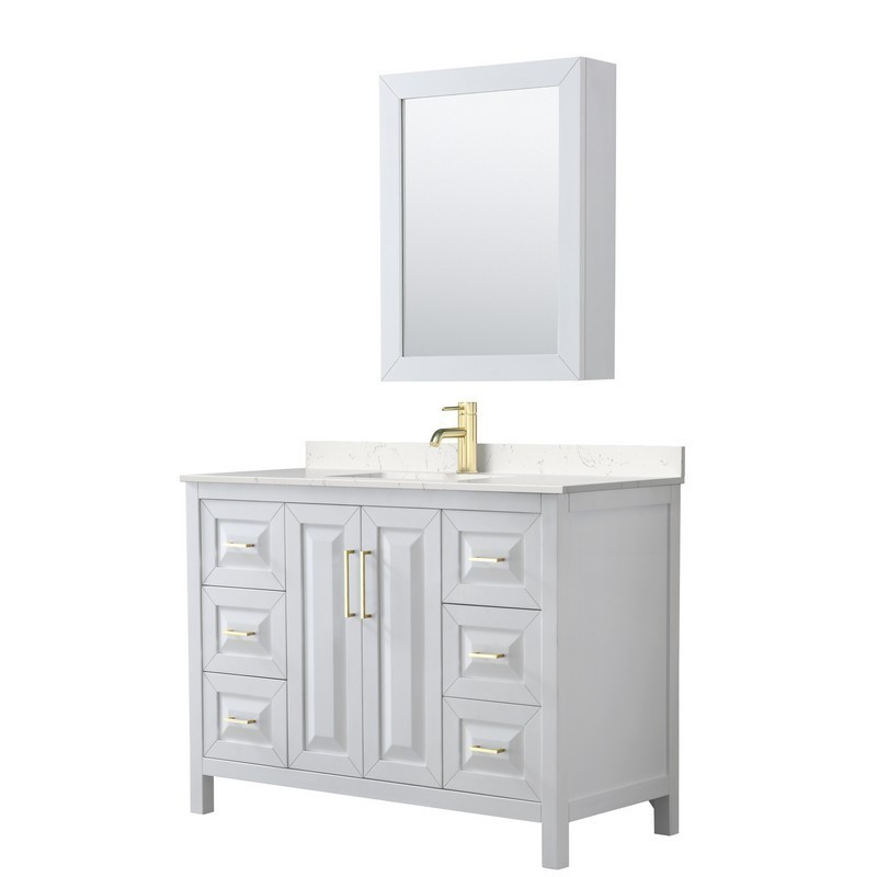 WYNDHAM COLLECTION WCV252548SWGC2UNSMED DARIA 48 INCH SINGLE BATHROOM VANITY IN WHITE WITH LIGHT-VEIN CARRARA CULTURED MARBLE COUNTERTOP, UNDERMOUNT SQUARE SINK, MEDICINE CABINET AND BRUSHED GOLD TRIM
