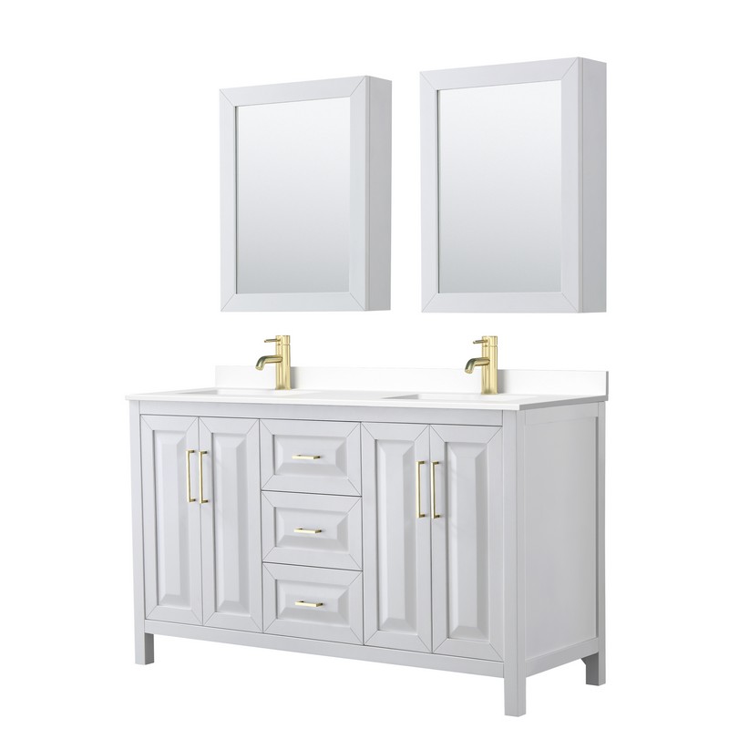 WYNDHAM COLLECTION WCV252560DWGWCUNSMED DARIA 60 INCH DOUBLE BATHROOM VANITY IN WHITE WITH WHITE CULTURED MARBLE COUNTERTOP, UNDERMOUNT SQUARE SINKS, MEDICINE CABINETS AND BRUSHED GOLD TRIM