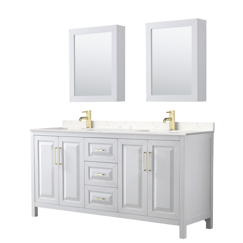 WYNDHAM COLLECTION WCV252572DWGC2UNSMED DARIA 72 INCH DOUBLE BATHROOM VANITY IN WHITE WITH LIGHT-VEIN CARRARA CULTURED MARBLE COUNTERTOP, UNDERMOUNT SQUARE SINKS, MEDICINE CABINETS AND BRUSHED GOLD TRIM