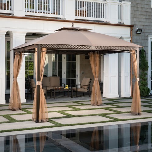 HANOVER ASTERGAZ-TAN 141 5/8 INCH ASTER ALUMINUM AND STEEL GAZEBO WITH MOSQUITO NETTING - TAN