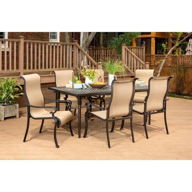 HANOVER BRIGDN7PC-EX BRIGANTINE 76 INCH TO 102 INCH 7-PIECE OUTDOOR DINING SET WITH EXPANDABLE CAST TOP TABLE - TAN