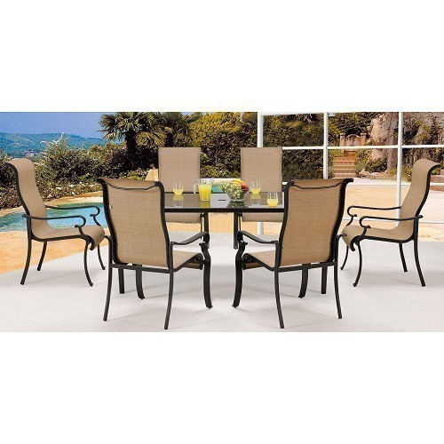 HANOVER BRIGDN7PC-GLS BRIGANTINE 70 INCH 7-PIECE OUTDOOR DINING SET WITH GLASS TOP TABLE - TAN