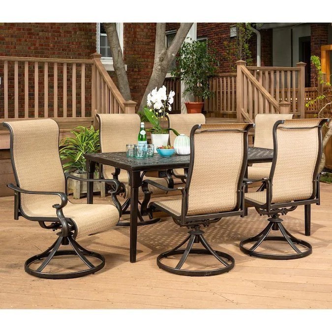 HANOVER BRIGDN7PCSW-6 BRIGANTINE 70 INCH 7-PIECE OUTDOOR DINING SET WITH SWIVEL ROCKING CHAIR - TAN
