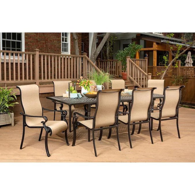 HANOVER BRIGDN9PC-EX BRIGANTINE 76 INCH TO 102 INCH 9-PIECE OUTDOOR DINING SET WITH EXPANDABLE TABLE - TAN