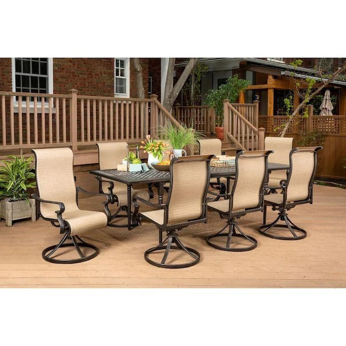 HANOVER BRIGDN9PCSW8-EX BRIGANTINE 76 INCH TO 102 INCH 9-PIECE OUTDOOR DINING SET WITH SWIVEL ROCKING CHAIR AND EXPANDABLE TABLE - TAN
