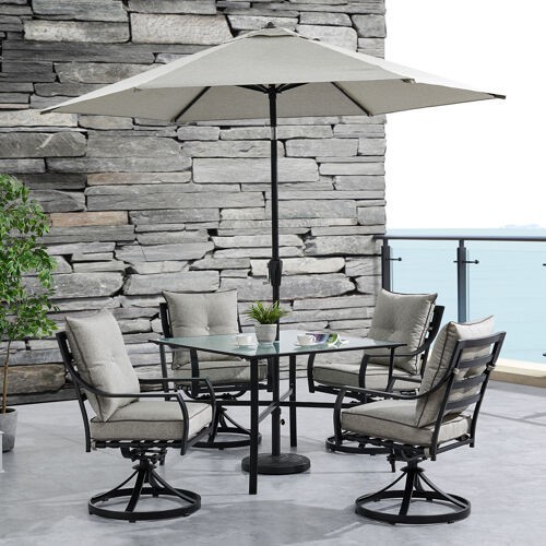 HANOVER LAVDN5PCSW-SLV-SU LAVALLETTE 42 INCH 5-PIECE OUTDOOR DINING SET WITH SWIVEL ROCKING CHAIR AND 108 INCH UMBRELLA - SILVER