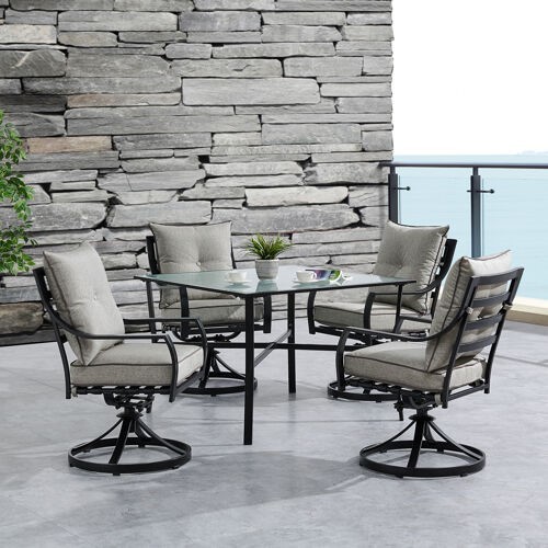 HANOVER LAVDN5PCSW-SLV LAVALLETTE 42 INCH 5-PIECE OUTDOOR DINING SET WITH SWIVEL ROCKING CHAIR - SILVER