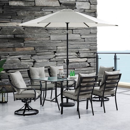 HANOVER LAVDN7PCSW2-SLV-SU LAVALLETTE 66 INCH 7-PIECE OUTDOOR DINING SET WITH SWIVEL ROCKING CHAIR, DINING CHAIR AND UMBRELLA - SILVER