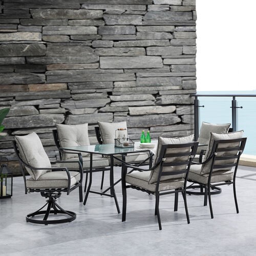 HANOVER LAVDN7PCSW2-SLV LAVALLETTE 66 INCH 7-PIECE OUTDOOR DINING SET WITH SWIVEL ROCKING CHAIR AND DINING CHAIR - SILVER