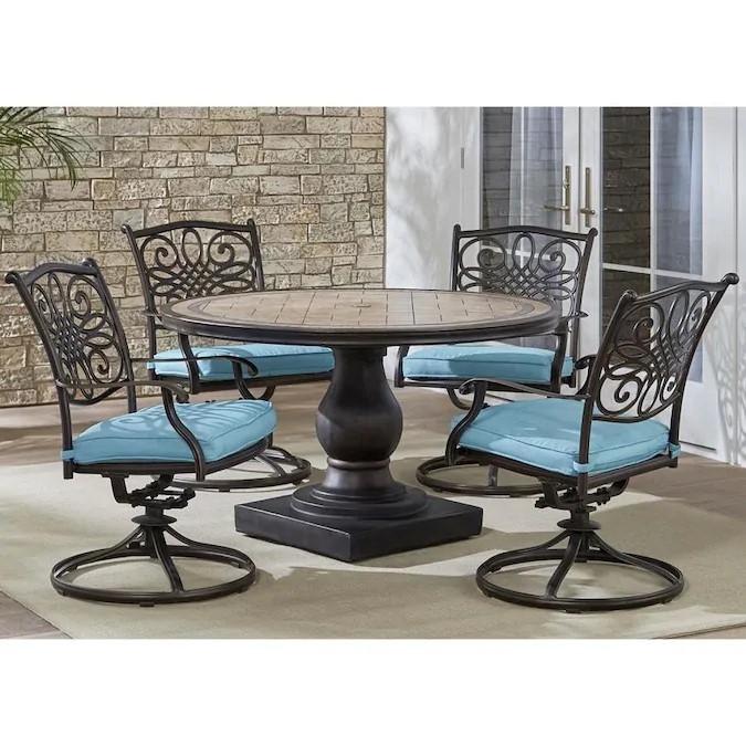 HANOVER MONDN5PCSW-4-BLU MONACO 51 INCH 5-PIECE DINING SET WITH TILE TOP TABLE - BLUE AND TAN