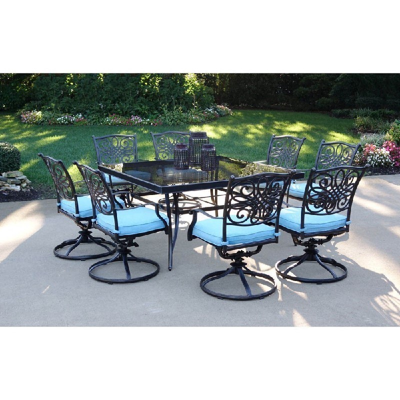 HANOVER TRADDN9PCSWSQG-BLU TRADITIONS 60 INCH 9-PIECE DINING SET WITH GLASS TOP TABLE - BLUE