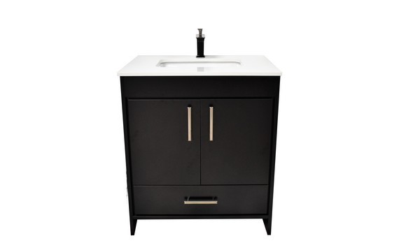 MTD VOLPA USA MTD-3530-1W CAPRI 30 INCH MODERN BATHROOM VANITY WITH WHITE MICROSTONE TOP WITH PRE-INSTALLED UNDERMOUNT SINK AND BRUSHED NICKEL EDGE HANDLES
