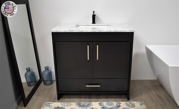 MTD VOLPA USA MTD-3536-1C CAPRI 36 INCH MODERN BATHROOM VANITY WITH CARRARA MARBLE TOP WITH PRE-INSTALLED UNDERMOUNT SINK AND BRUSHED NICKEL EDGE HANDLES