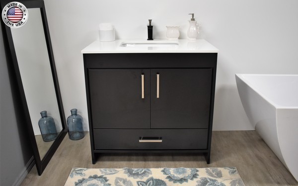 MTD VOLPA USA MTD-3536-1W CAPRI 36 INCH MODERN BATHROOM VANITY WITH WHITE MICROSTONE TOP WITH PRE-INSTALLED UNDERMOUNT SINK AND BRUSHED NICKEL EDGE HANDLES