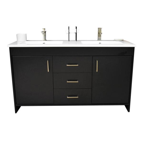 MTD VOLPA USA MTD-360D-3 RIO 60 INCH MODERN BATHROOM VANITY WITH ACRYLIC DOUBLE SINK TOP AND BRUSHED NICKEL HANDLES
