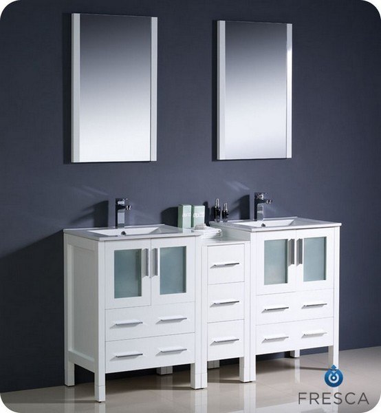 FRESCA FVN62-241224WH-UNS TORINO 60 INCH WHITE MODERN DOUBLE SINK BATHROOM VANITY WITH SIDE CABINET AND UNDERMOUNT SINKS