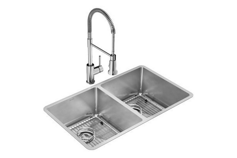ELKAY ECTRU31179TFC CROSSTOWN 31 1/2 INCH 18 GAUGE EQUAL DOUBLE BOWL UNDERMOUNT STAINLESS STEEL KITCHEN SINK KIT WITH FAUCET - POLISHED SATIN