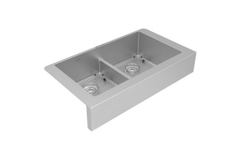 ELKAY ECTRUFA32179C CROSSTOWN 35 7/8 INCH 18 GAUGE EQUAL DOUBLE BOWL FARMHOUSE STAINLESS STEEL KITCHEN SINK KIT WITH AQUA DIVIDE - POLISHED SATIN