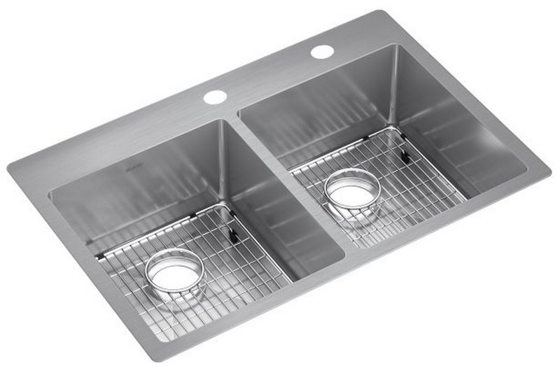 ELKAY ECTSR33229TBGFR2 CROSSTOWN 33 INCH 18 GAUGE FRONT RIGHT TWO-HOLE EQUAL DOUBLE BOWL STAINLESS STEEL DUAL MOUNT KITCHEN SINK KIT - POLISHED SATIN