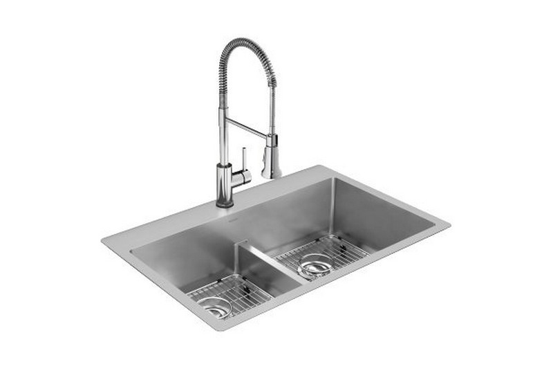 ELKAY ECTSRA33229TFC CROSSTOWN 33 INCH 18 GAUGE ONE-HOLE EQUAL DOUBLE BOWL DUAL MOUNT STAINLESS STEEL KITCHEN SINK KIT WITH AQUA DIVIDE AND FAUCET - POLISHED SATIN