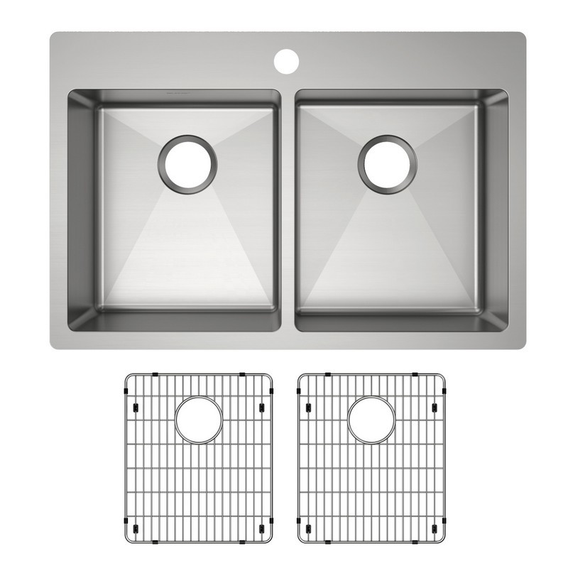 ELKAY ECTSRAD33226TBG1 CROSSTOWN 33 INCH 18 GAUGE ONE-HOLE EQUAL DOUBLE BOWL DUAL MOUNT STAINLESS STEEL ADA KITCHEN SINK KIT - POLISHED SATIN