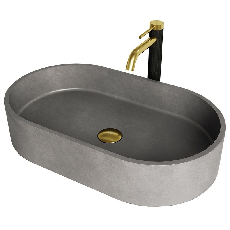 VIGO VGT2027 CONCRETOSTONE 24 INCH OVAL VESSEL BATHROOM SINK WITH LEXINGTON BATHROOM FAUCET AND POP-UP DRAIN IN MATTE BRUSHED GOLD