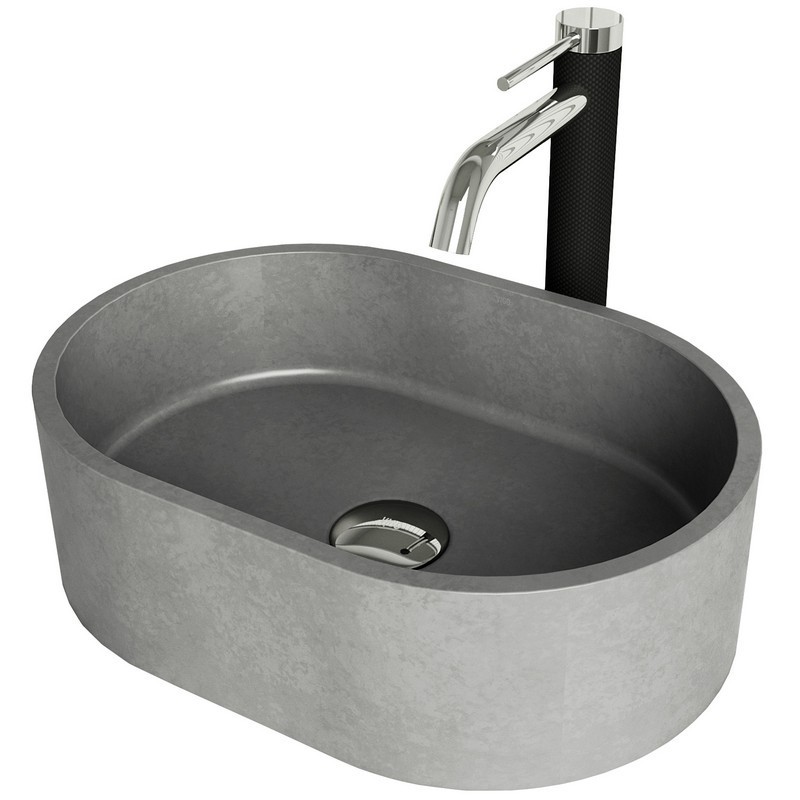 VIGO VGT2028 CONCRETOSTONE 16 INCH OVAL VESSEL BATHROOM SINK WITH LEXINGTON BATHROOM FAUCET AND POP-UP IN BRUSHED NICKEL