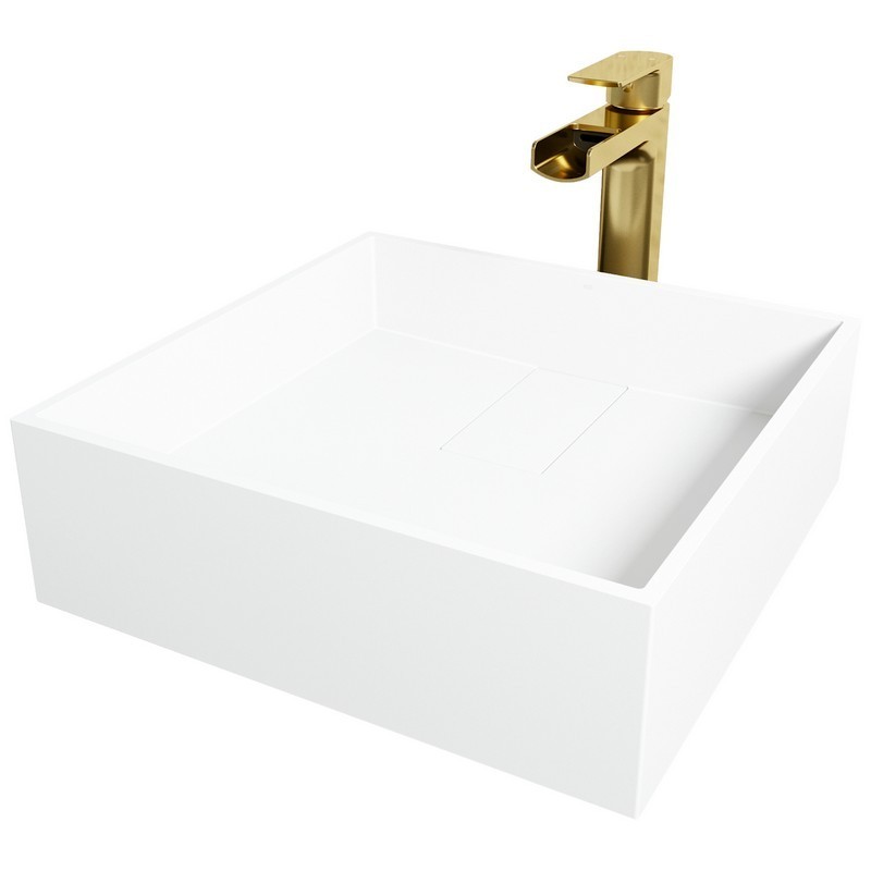 VIGO VGT2036 BRYANT 15 INCH SQUARE MATTESTONE VESSEL BATHROOM SINK WITH AMADA BATHROOM FAUCET AND POP-UP DRAIN IN MATTE BRUSHED GOLD