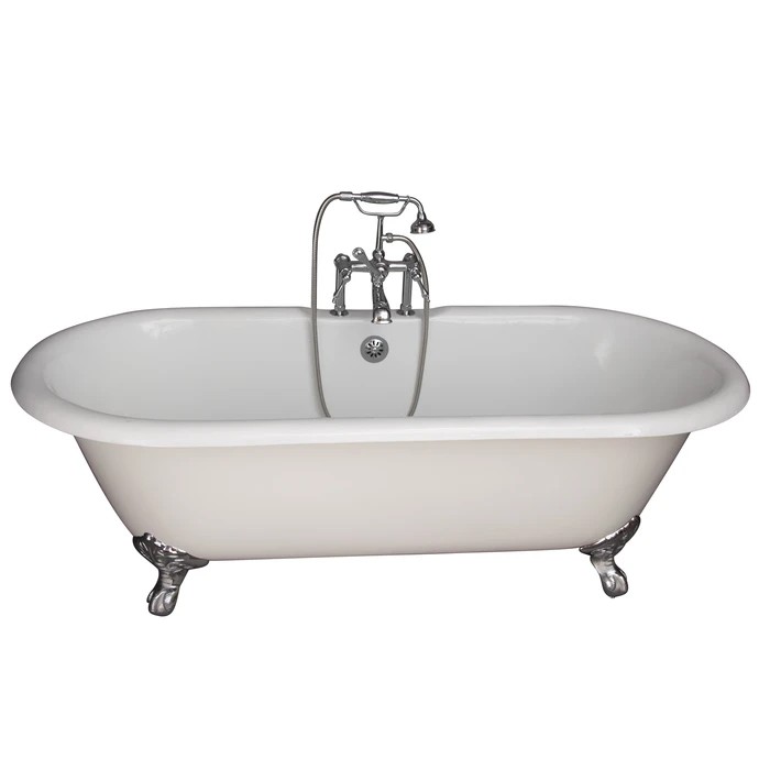 BARCLAY TKCTDRH61-CP3 COLUMBUS 60 INCH CAST IRON FREESTANDING CLAWFOOT SOAKER BATHTUB IN WHITE WITH FINIAL METAL LEVER HANDLE TUB FILLER AND HAND SHOWER IN POLISHED CHROME