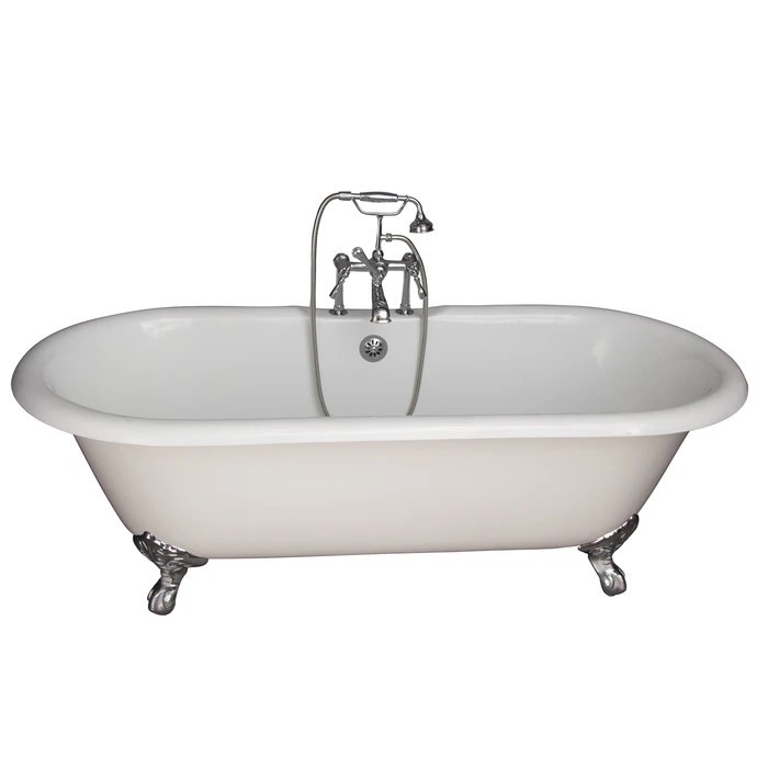 BARCLAY TKCTDRH61-CP4 COLUMBUS 60 INCH CAST IRON FREESTANDING CLAWFOOT SOAKER BATHTUB IN WHITE WITH METAL LEVER HANDLE TUB FILLER AND HAND SHOWER IN POLISHED CHROME