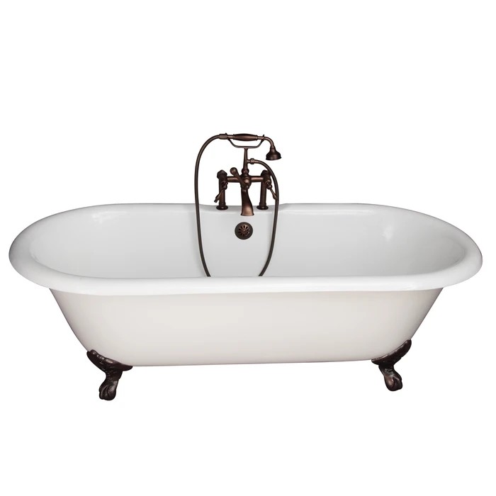 BARCLAY TKCTDRH61-ORB3 COLUMBUS 60 INCH CAST IRON FREESTANDING CLAWFOOT SOAKER BATHTUB IN WHITE WITH FINIAL METAL LEVER HANDLE TUB FILLER AND HAND SHOWER IN OIL RUBBED BRONZE