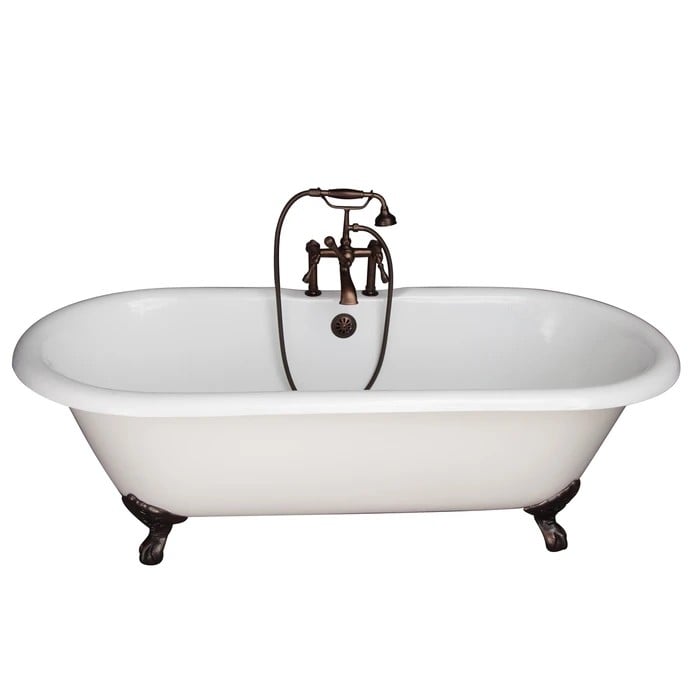 BARCLAY TKCTDRH61-ORB4 COLUMBUS 60 INCH CAST IRON FREESTANDING CLAWFOOT SOAKER BATHTUB IN WHITE WITH METAL LEVER HANDLE TUB FILLER AND HAND SHOWER IN OIL RUBBED BRONZE