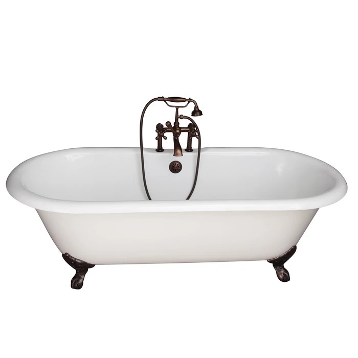 BARCLAY TKCTDRH61-ORB5 COLUMBUS 60 INCH CAST IRON FREESTANDING CLAWFOOT SOAKER BATHTUB IN WHITE WITH METAL CROSS HANDLE TUB FILLER AND HAND SHOWER IN OIL RUBBED BRONZE