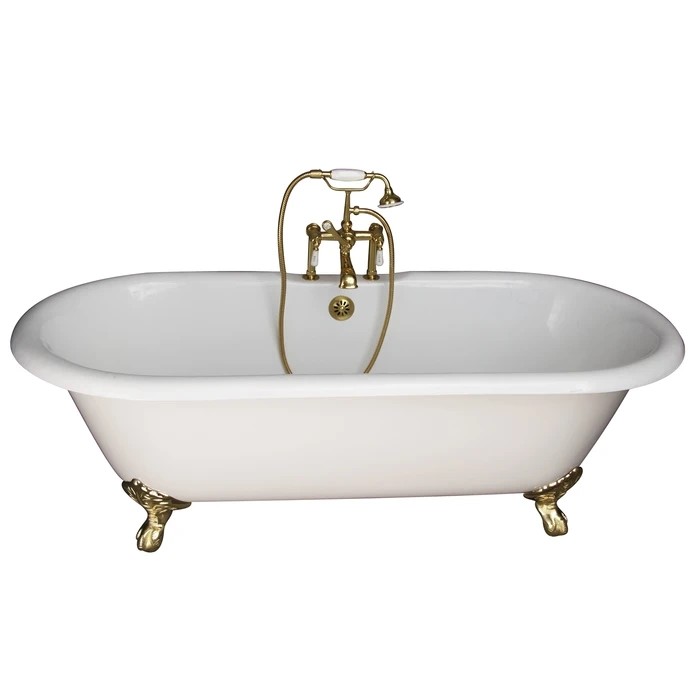 BARCLAY TKCTDRH61-PB1 COLUMBUS 60 INCH CAST IRON FREESTANDING CLAWFOOT SOAKER BATHTUB IN WHITE WITH PORCELAIN LEVER HANDLE TUB FILLER AND HAND SHOWER IN POLISHED BRASS