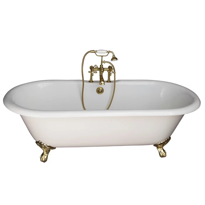 BARCLAY TKCTDRH61-PB2 COLUMBUS 60 INCH CAST IRON FREESTANDING CLAWFOOT SOAKER BATHTUB IN WHITE WITH METAL CROSS HANDLE TUB FILLER AND HAND SHOWER IN POLISHED BRASS