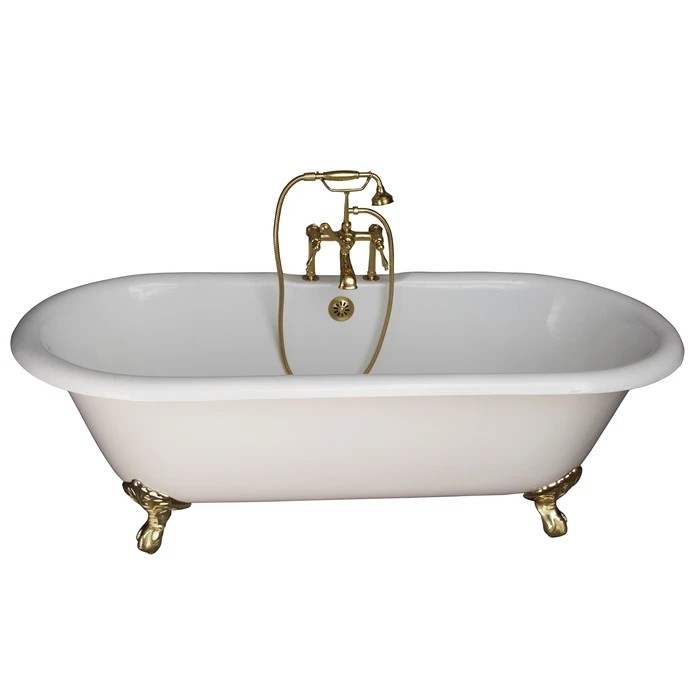 BARCLAY TKCTDRH61-PB3 COLUMBUS 60 INCH CAST IRON FREESTANDING CLAWFOOT SOAKER BATHTUB IN WHITE WITH FINIAL METAL LEVER HANDLE TUB FILLER AND HAND SHOWER IN POLISHED BRASS